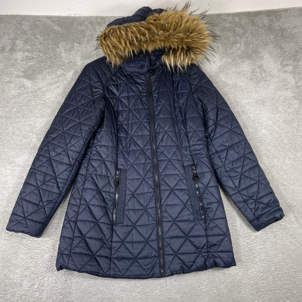 Marc New York Puffer Jacket Womens Small Navy Blue Faux Fur Hood Quilted Coat